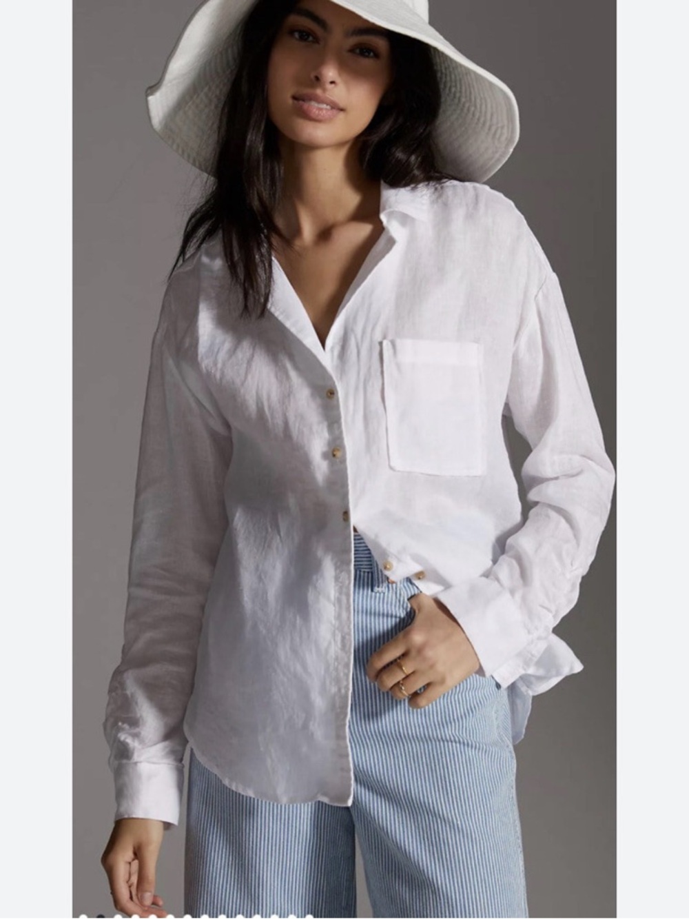 Anthropologie White Linen Button-Front Pocket Blouse